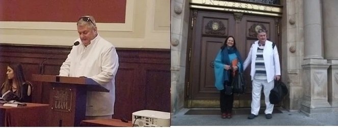 Piotr Chrzczonowicz na inauguracji III Międzynarodowej Konferencji Poetyckiej WO ZLP w Poznaniu w sali im. Lubrańskiego w Collegium Minus UAM i przed wejsciem do Collegium Minus z Marią Mistrioti (październik 2019 r.). Fot.: Redakcja Gazety Autorskiej IMPRESJee.pl, Stefania Pruszyńska