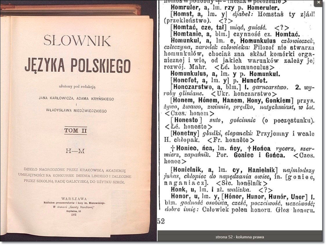 Słownik języka polskiego. T. 2, H - M. Źródło Polona.pl domena publiczna. Faksymile - skan str. 52. Słownik Warszawski