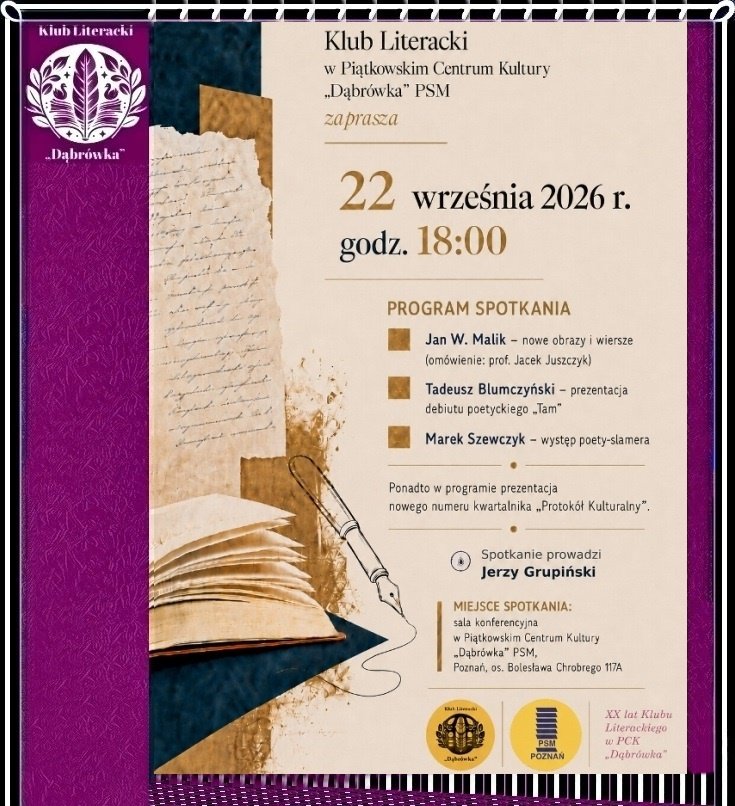Zapowiedź spotkania Klubu Literackiego Dąbrówka 22 września 2026